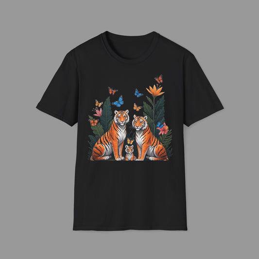 ZALOPA - Cute Tiger Family T Shirt with Butterflies and Jungle Flowers Organic Cotton Unisex Shirt.