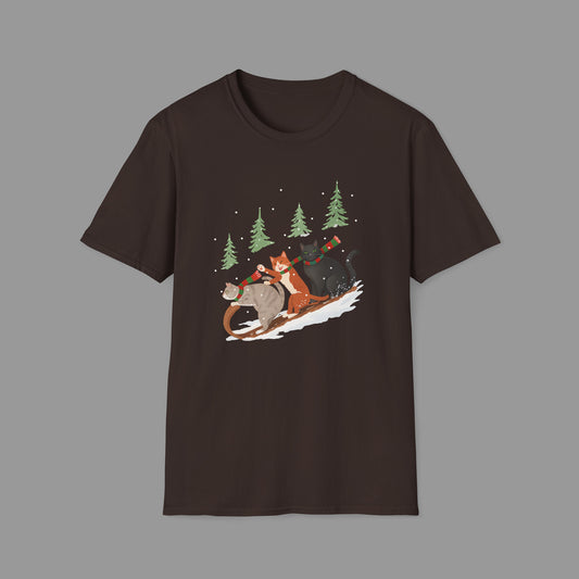 PAWSUPREMACY – Winter Cats Christmas T Shirt with Cozy Snowy Forest Scene Playful Sledding Cat Lover Graphic Tee for Holiday Season.