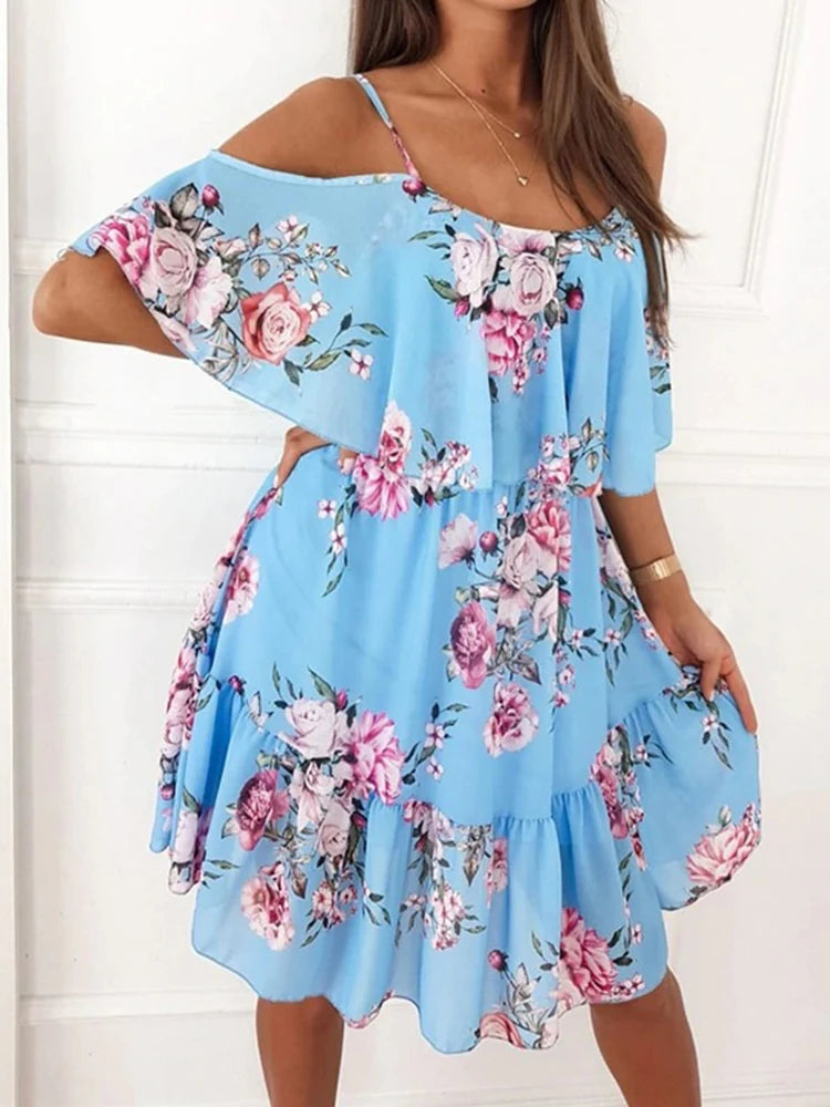Off-Shoulder Floral Chiffon Mini Dress