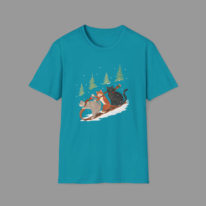 ZALOPA – Winter Cats Christmas T Shirt with Cozy Snowy Forest Scene Playful Sledding Cat Lover Graphic Tee for Holiday Season.