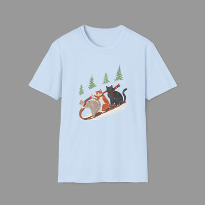 ZALOPA – Winter Cats Christmas T Shirt with Cozy Snowy Forest Scene Playful Sledding Cat Lover Graphic Tee for Holiday Season.