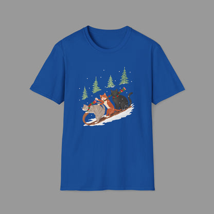 ZALOPA – Winter Cats Christmas T Shirt with Cozy Snowy Forest Scene Playful Sledding Cat Lover Graphic Tee for Holiday Season.
