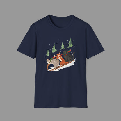 ZALOPA – Winter Cats Christmas T Shirt with Cozy Snowy Forest Scene Playful Sledding Cat Lover Graphic Tee for Holiday Season.