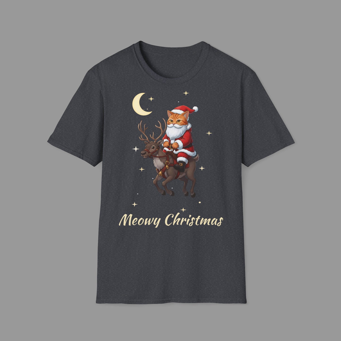 ZALOPA – Funny Christmas Cat T-Shirt with Santa Kitty and Reindeer | Meowy Christmas Holiday Graphic Tee for Cat Lovers.