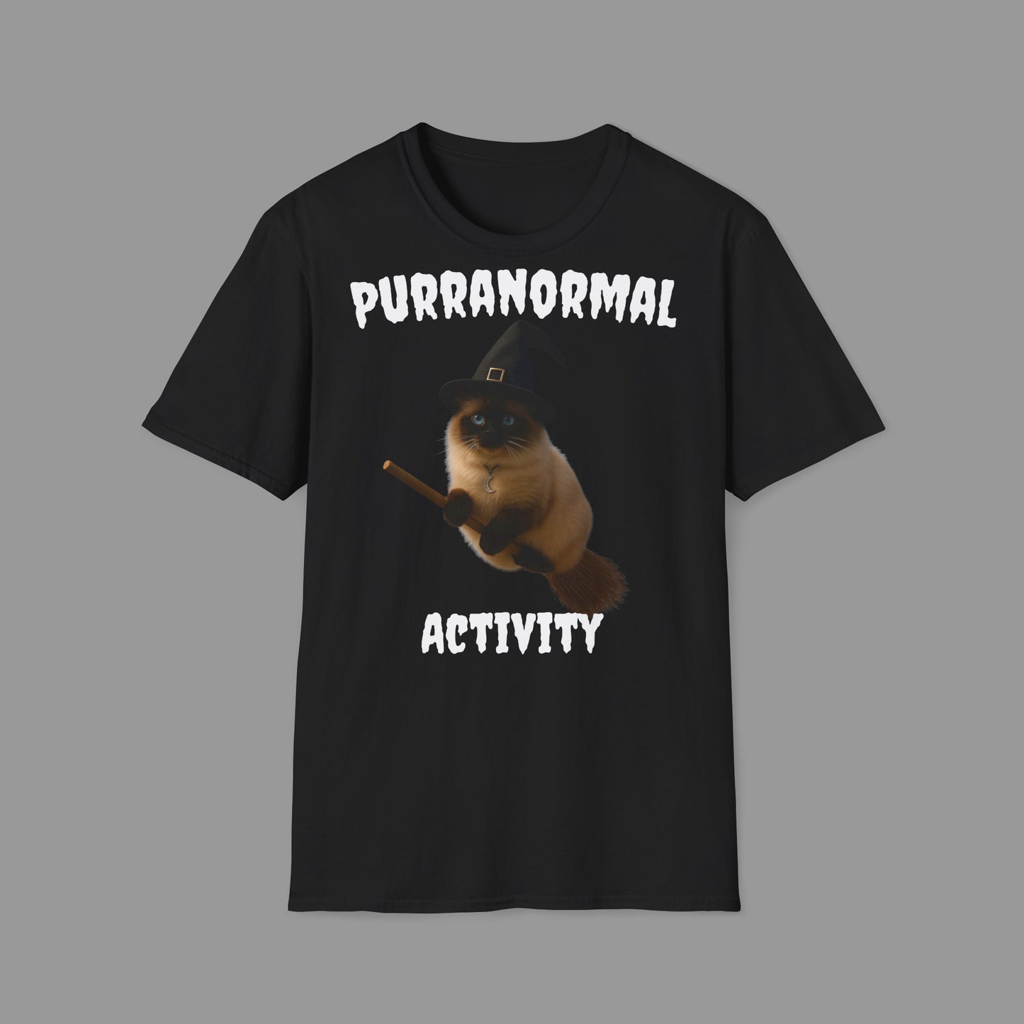 ZALOPA - Halloween Witch Cat T Shirt with Moon Necklace and Broomstick Magical Graphic Tee for Cat Lovers.