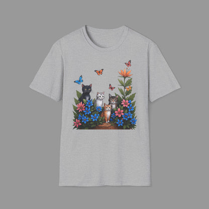 ZALOPA - Cute Cats T Shirt with Colorful Flowers and Butterflies Nature Inspired Graphic Tee for Cat Lovers.