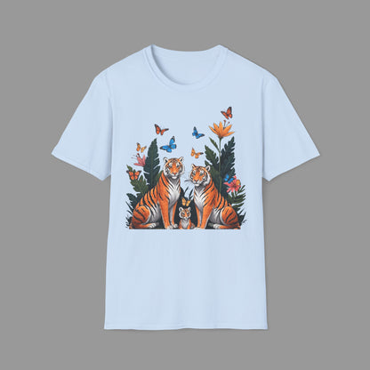 ZALOPA - Cute Tiger Family T Shirt with Butterflies and Jungle Flowers Organic Cotton Unisex Shirt.