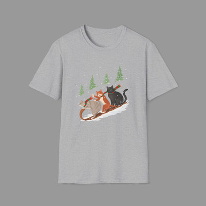 ZALOPA – Winter Cats Christmas T Shirt with Cozy Snowy Forest Scene Playful Sledding Cat Lover Graphic Tee for Holiday Season.