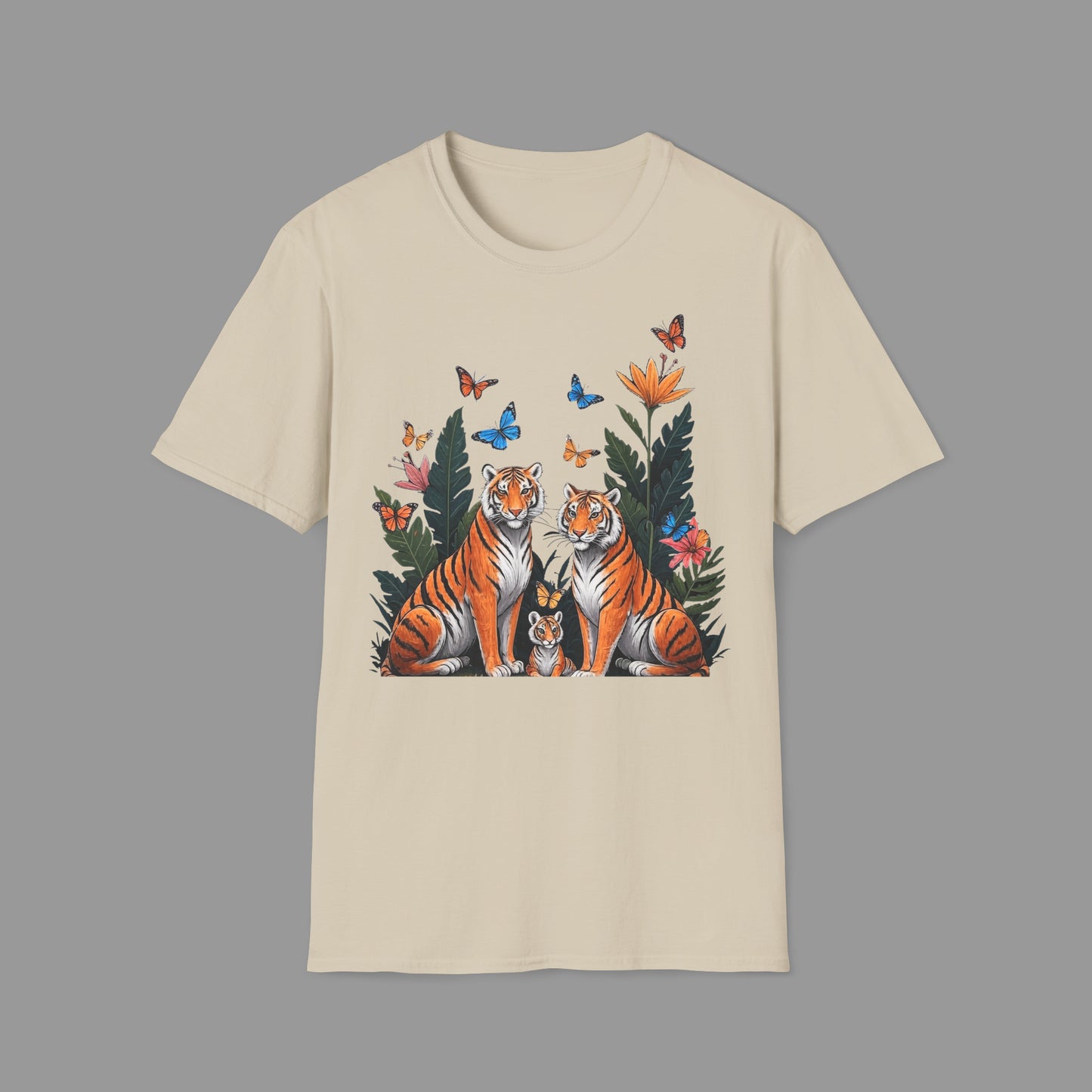 ZALOPA - Cute Tiger Family T Shirt with Butterflies and Jungle Flowers Organic Cotton Unisex Shirt.