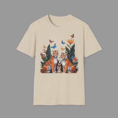 ZALOPA - Cute Tiger Family T Shirt with Butterflies and Jungle Flowers Organic Cotton Unisex Shirt.