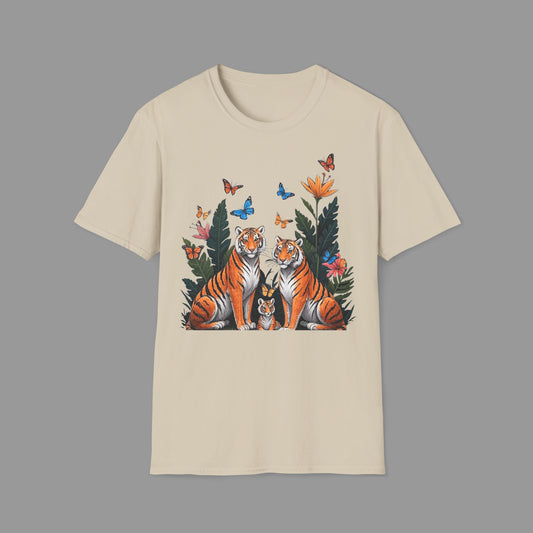 ZALOPA - Cute Tiger Family T Shirt with Butterflies and Jungle Flowers Organic Cotton Unisex Shirt.