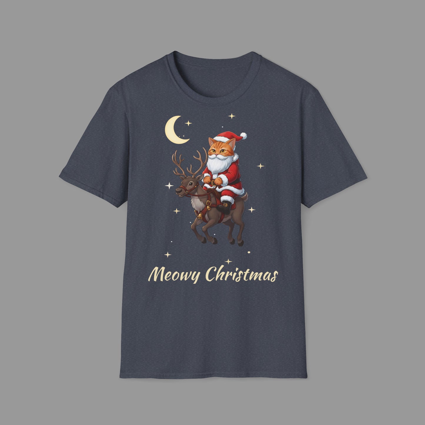 ZALOPA – Funny Christmas Cat T-Shirt with Santa Kitty and Reindeer | Meowy Christmas Holiday Graphic Tee for Cat Lovers.