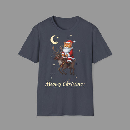 ZALOPA – Funny Christmas Cat T-Shirt with Santa Kitty and Reindeer | Meowy Christmas Holiday Graphic Tee for Cat Lovers.