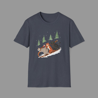 ZALOPA – Winter Cats Christmas T Shirt with Cozy Snowy Forest Scene Playful Sledding Cat Lover Graphic Tee for Holiday Season.