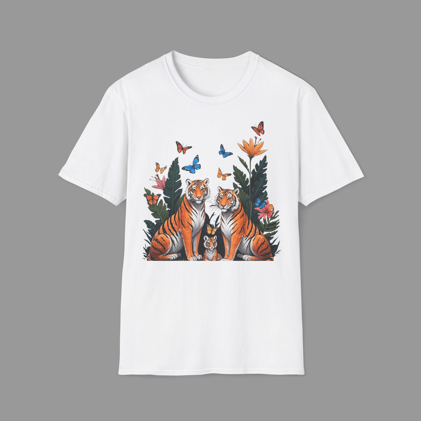 ZALOPA - Cute Tiger Family T Shirt with Butterflies and Jungle Flowers Organic Cotton Unisex Shirt.