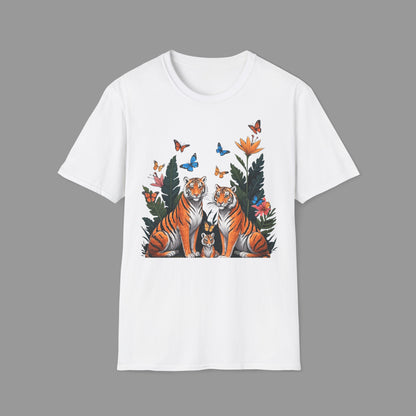 ZALOPA - Cute Tiger Family T Shirt with Butterflies and Jungle Flowers Organic Cotton Unisex Shirt.