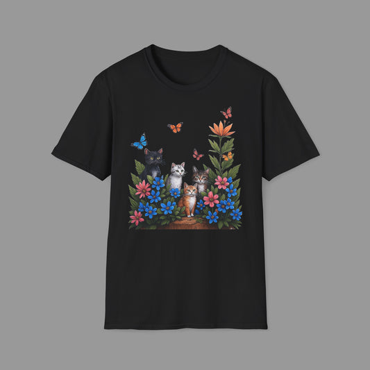 ZALOPA - Cute Cats T Shirt with Colorful Flowers and Butterflies Nature Inspired Graphic Tee for Cat Lovers.