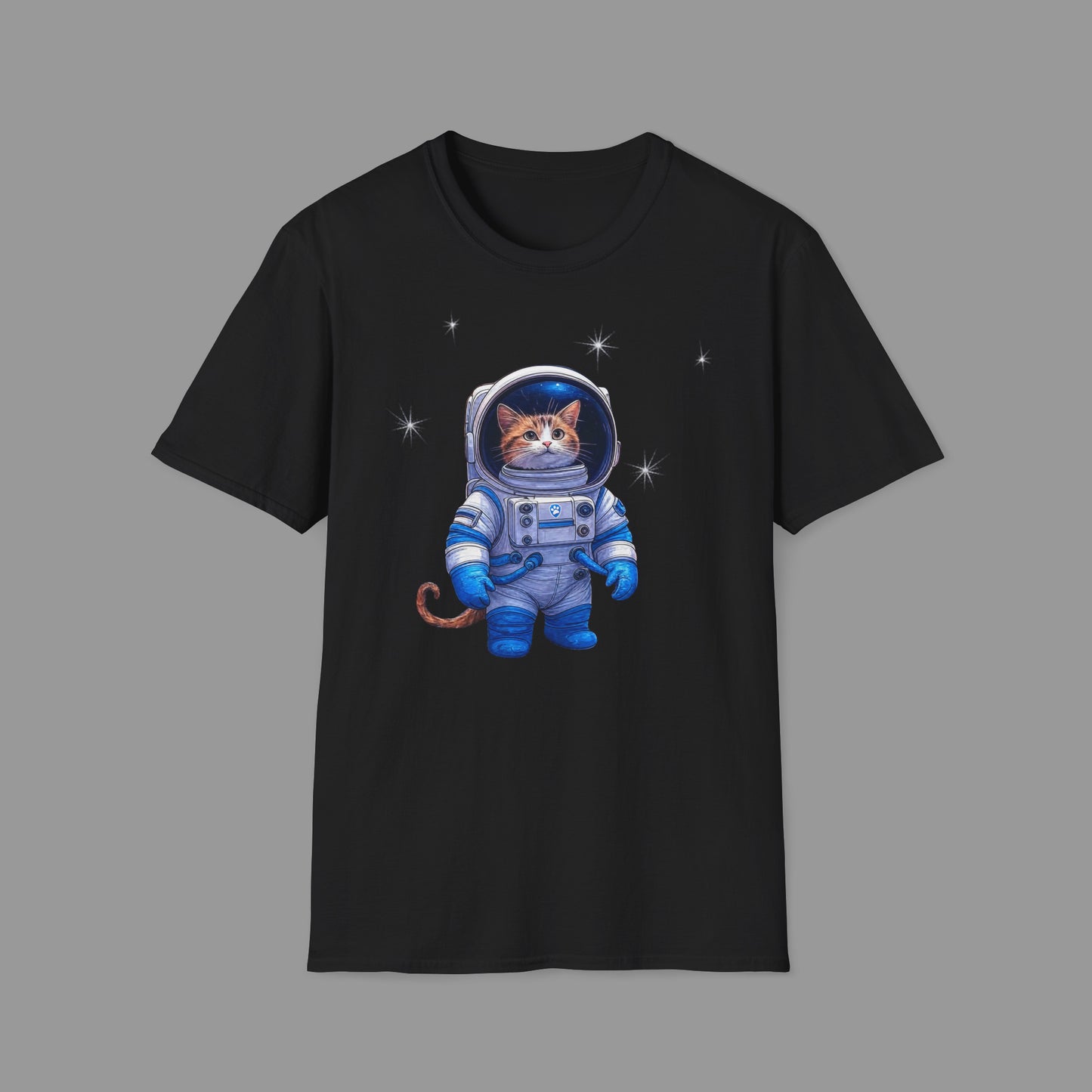 ZALOPA - Cute Cat Astronaut T Shirt with Stars and Galaxy Space Inspired Graphic Tee for Cat Lovers.