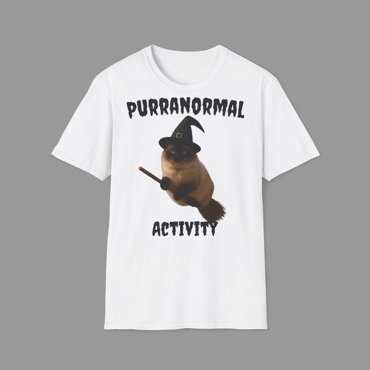 ZALOPA - Halloween Witch Cat T Shirt with Moon Necklace and Broomstick Magical Graphic Tee for Cat Lovers.