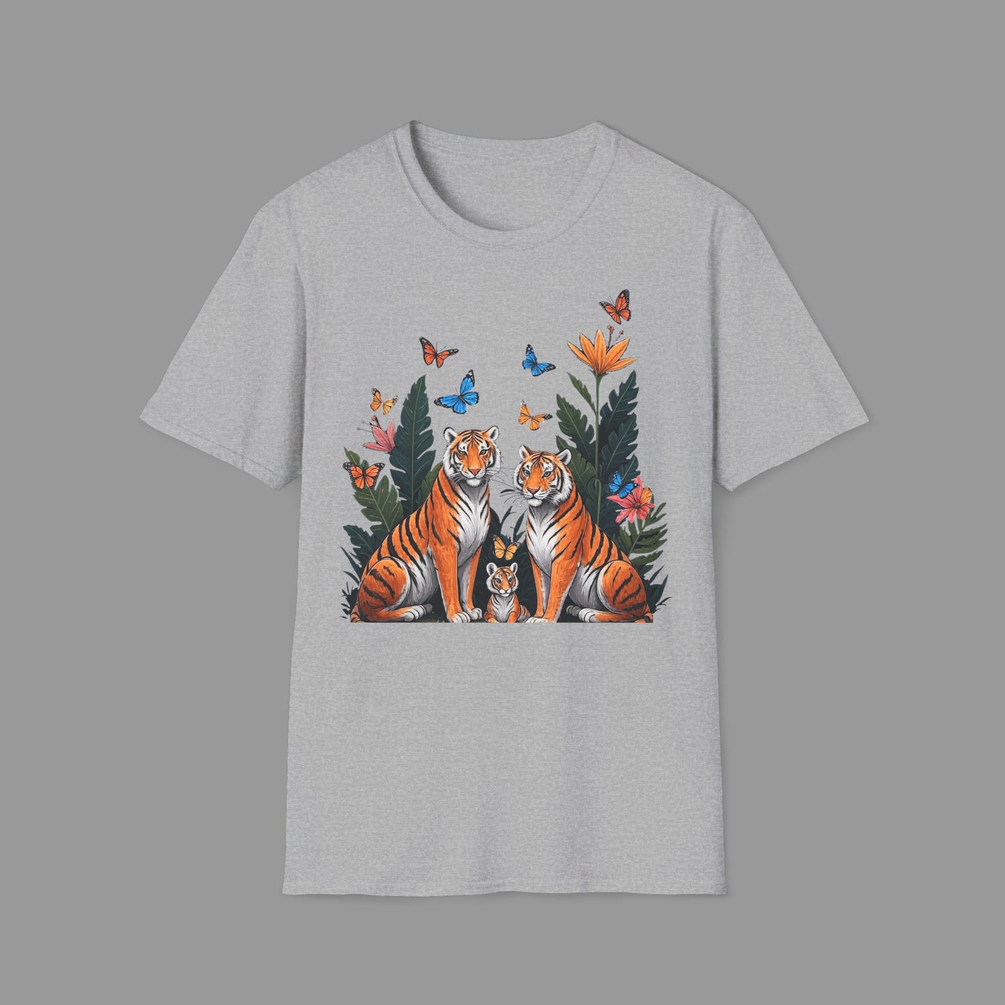 ZALOPA - Cute Tiger Family T Shirt with Butterflies and Jungle Flowers Organic Cotton Unisex Shirt.