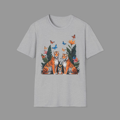 ZALOPA - Cute Tiger Family T Shirt with Butterflies and Jungle Flowers Organic Cotton Unisex Shirt.