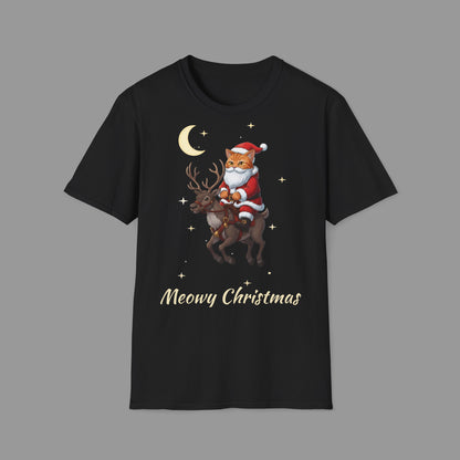 ZALOPA – Funny Christmas Cat T-Shirt with Santa Kitty and Reindeer | Meowy Christmas Holiday Graphic Tee for Cat Lovers.