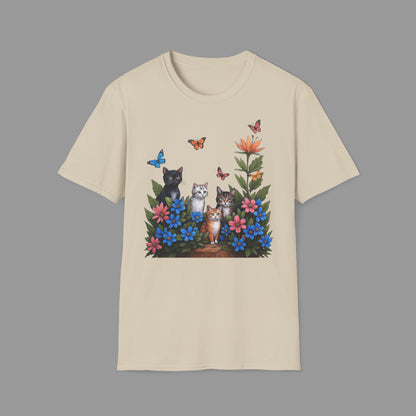 ZALOPA - Cute Cats T Shirt with Colorful Flowers and Butterflies Nature Inspired Graphic Tee for Cat Lovers.