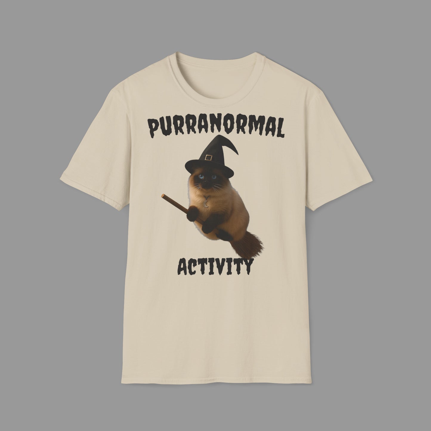 ZALOPA - Halloween Witch Cat T Shirt with Moon Necklace and Broomstick Magical Graphic Tee for Cat Lovers.