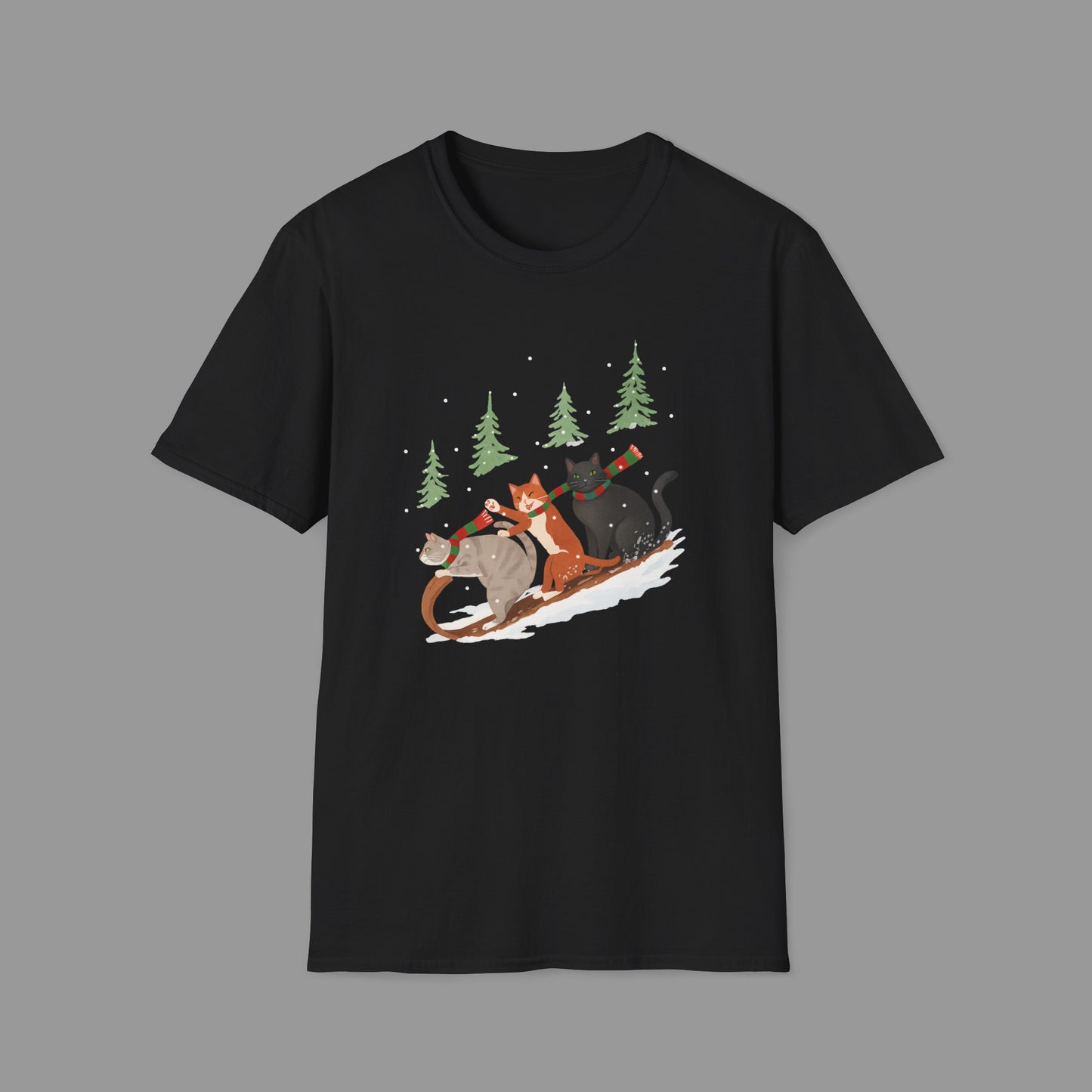 ZALOPA – Winter Cats Christmas T Shirt with Cozy Snowy Forest Scene Playful Sledding Cat Lover Graphic Tee for Holiday Season.