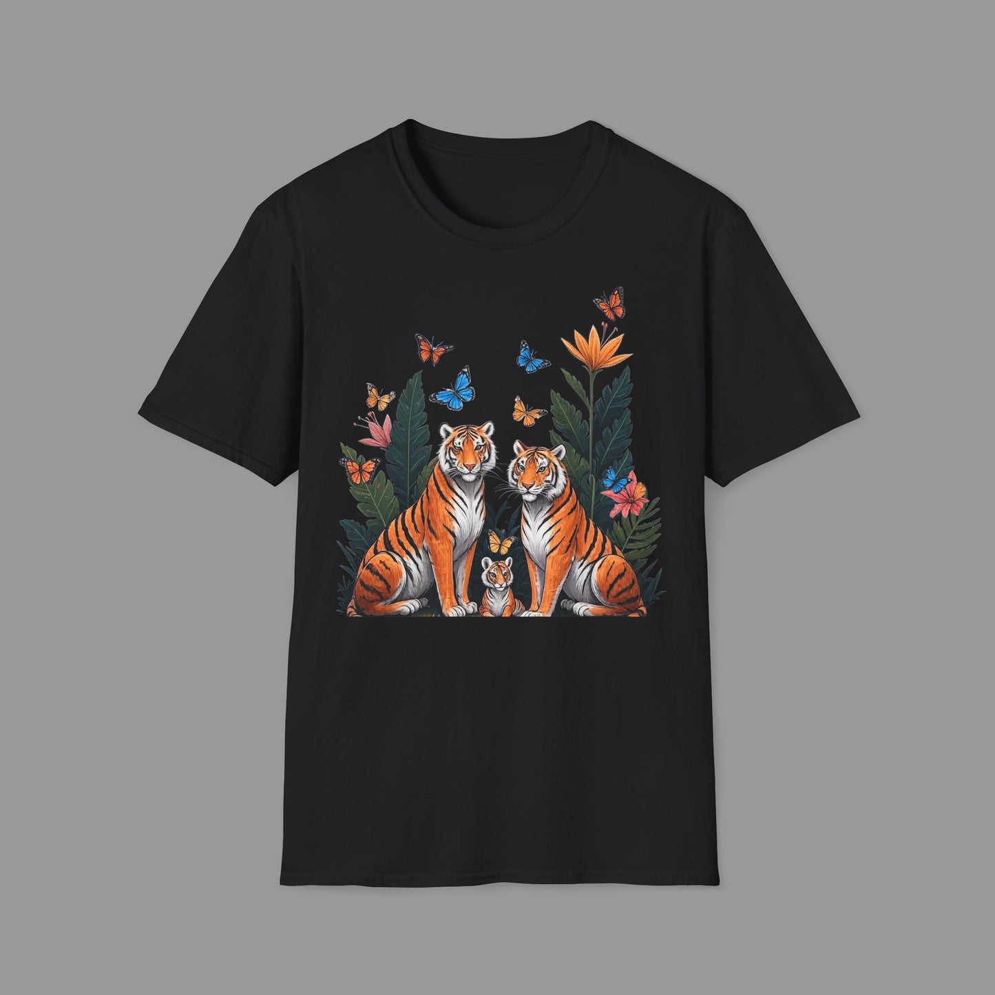 ZALOPA - Cute Tiger Family T Shirt with Butterflies and Jungle Flowers Organic Cotton Unisex Shirt.