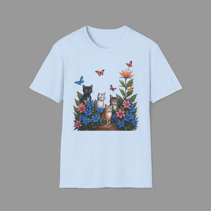 ZALOPA - Cute Cats T Shirt with Colorful Flowers and Butterflies Nature Inspired Graphic Tee for Cat Lovers.