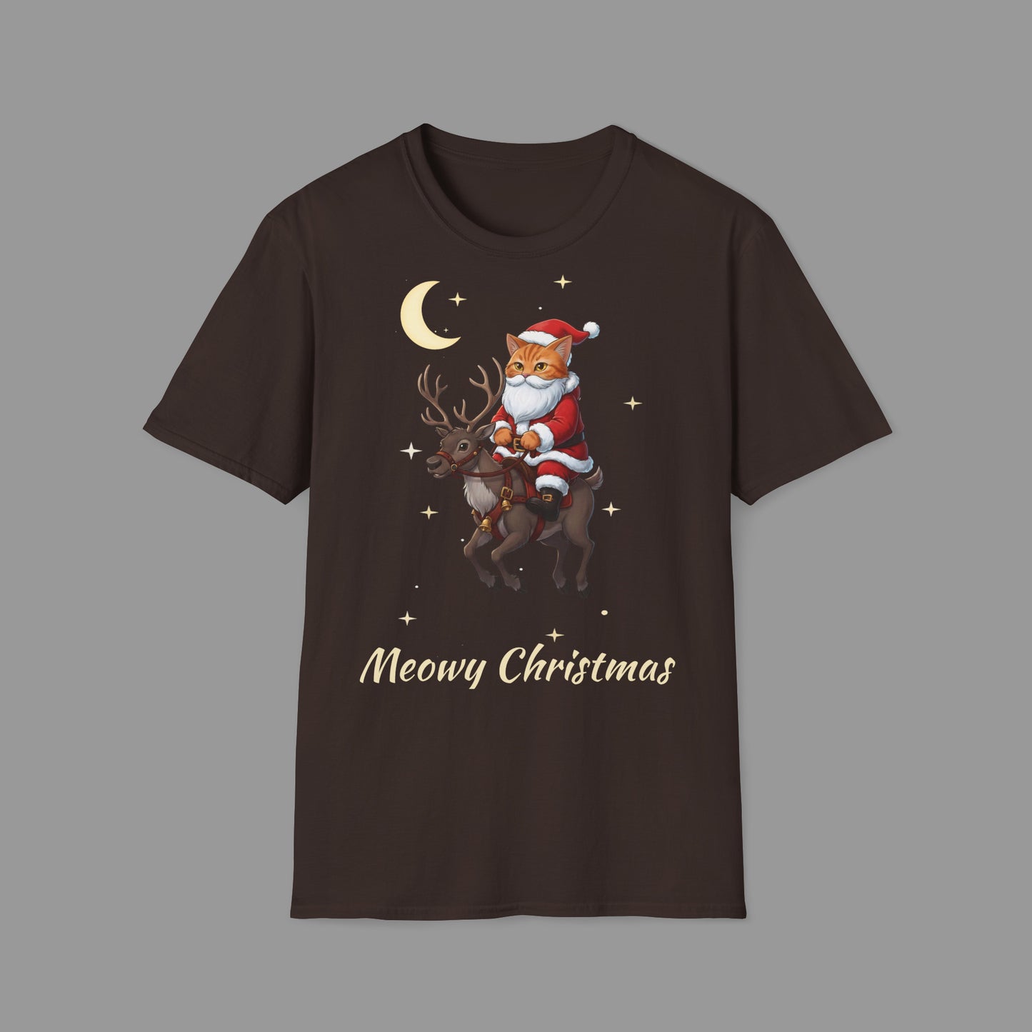 ZALOPA – Funny Christmas Cat T-Shirt with Santa Kitty and Reindeer | Meowy Christmas Holiday Graphic Tee for Cat Lovers.