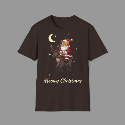ZALOPA – Funny Christmas Cat T-Shirt with Santa Kitty and Reindeer | Meowy Christmas Holiday Graphic Tee for Cat Lovers.