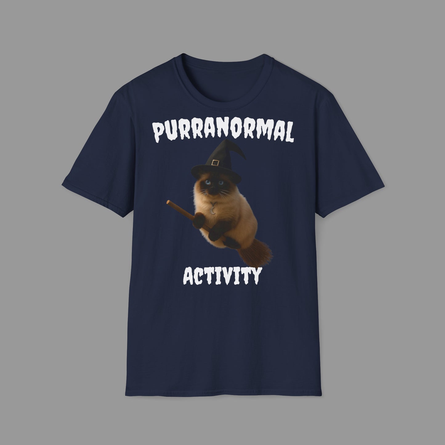 ZALOPA - Halloween Witch Cat T Shirt with Moon Necklace and Broomstick Magical Graphic Tee for Cat Lovers.