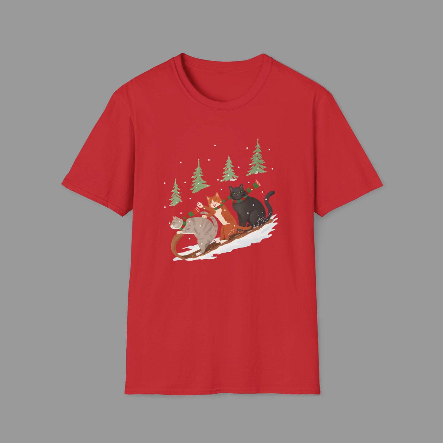 ZALOPA – Winter Cats Christmas T Shirt with Cozy Snowy Forest Scene Playful Sledding Cat Lover Graphic Tee for Holiday Season.