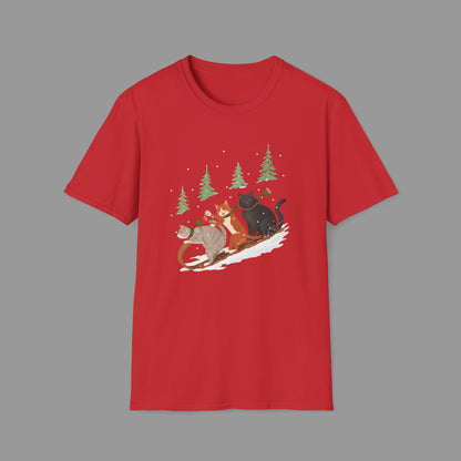 ZALOPA – Winter Cats Christmas T Shirt with Cozy Snowy Forest Scene Playful Sledding Cat Lover Graphic Tee for Holiday Season.