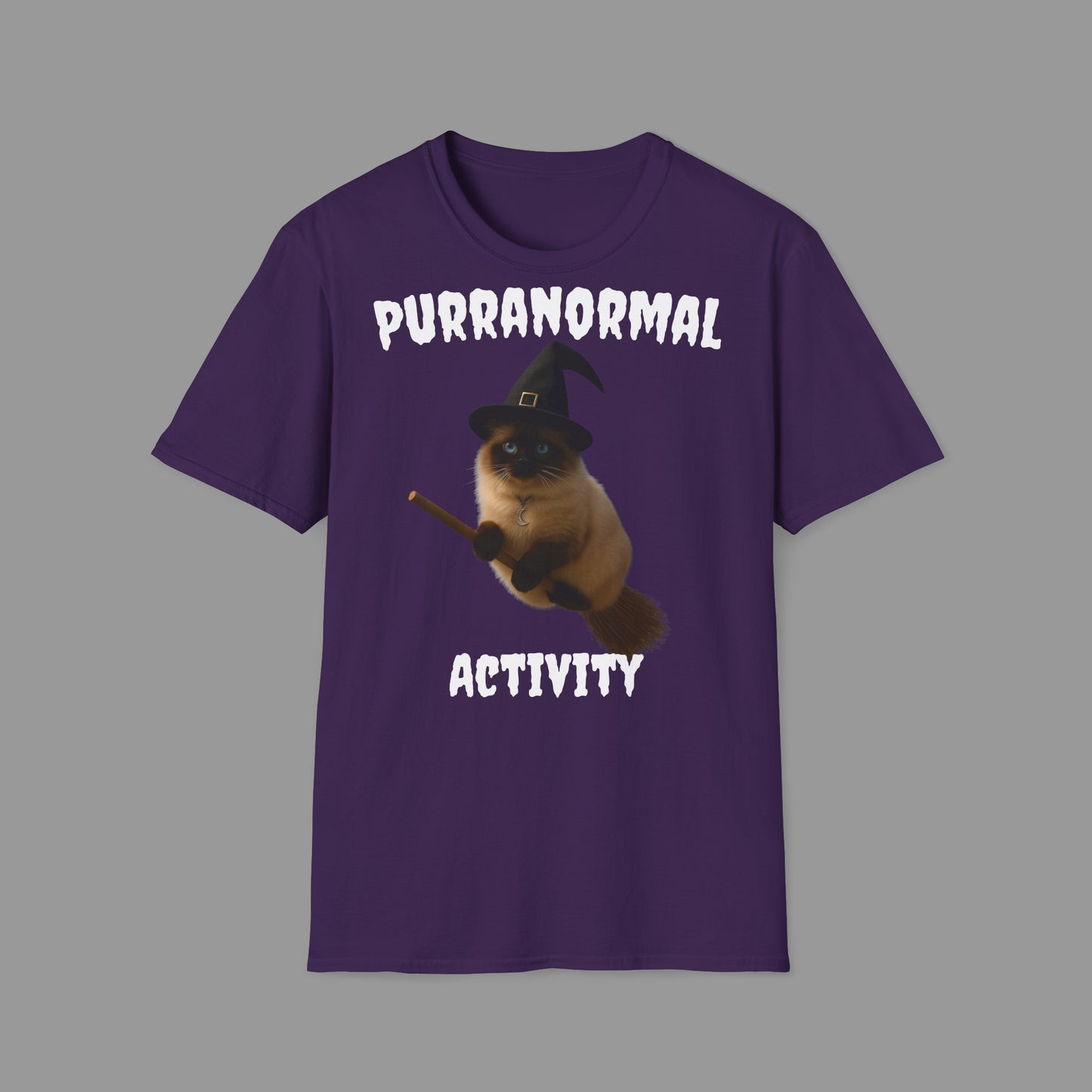 ZALOPA - Halloween Witch Cat T Shirt with Moon Necklace and Broomstick Magical Graphic Tee for Cat Lovers.