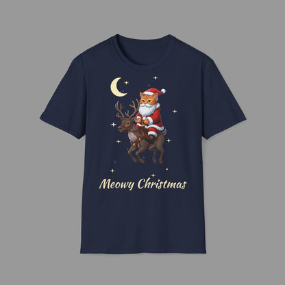 ZALOPA – Funny Christmas Cat T-Shirt with Santa Kitty and Reindeer | Meowy Christmas Holiday Graphic Tee for Cat Lovers.
