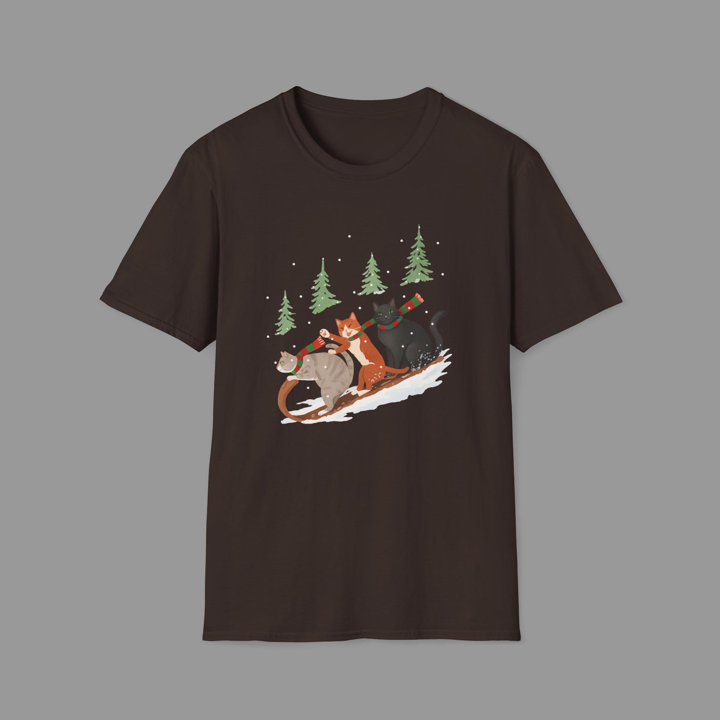 ZALOPA – Winter Cats Christmas T Shirt with Cozy Snowy Forest Scene Playful Sledding Cat Lover Graphic Tee for Holiday Season.