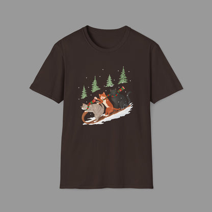 ZALOPA – Winter Cats Christmas T Shirt with Cozy Snowy Forest Scene Playful Sledding Cat Lover Graphic Tee for Holiday Season.