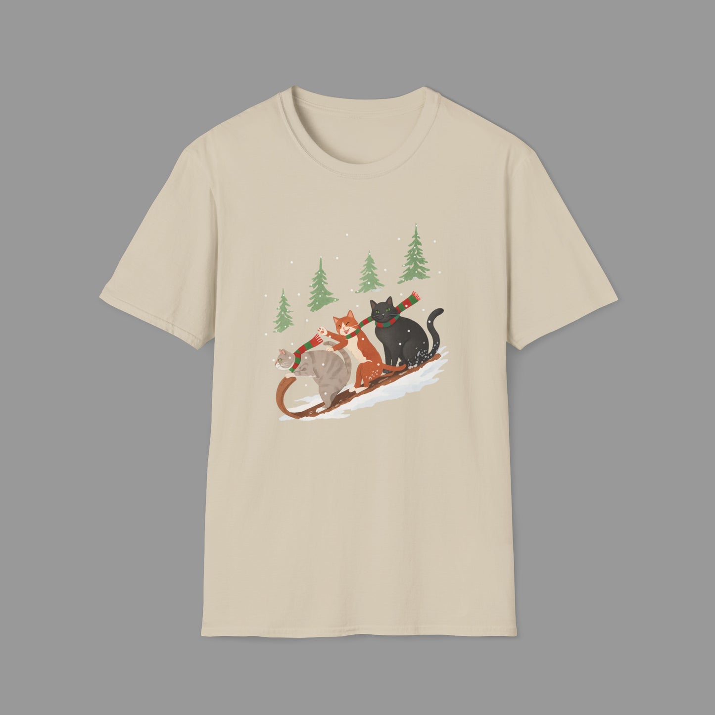 ZALOPA – Winter Cats Christmas T Shirt with Cozy Snowy Forest Scene Playful Sledding Cat Lover Graphic Tee for Holiday Season.