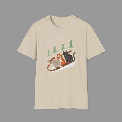 ZALOPA – Winter Cats Christmas T Shirt with Cozy Snowy Forest Scene Playful Sledding Cat Lover Graphic Tee for Holiday Season.