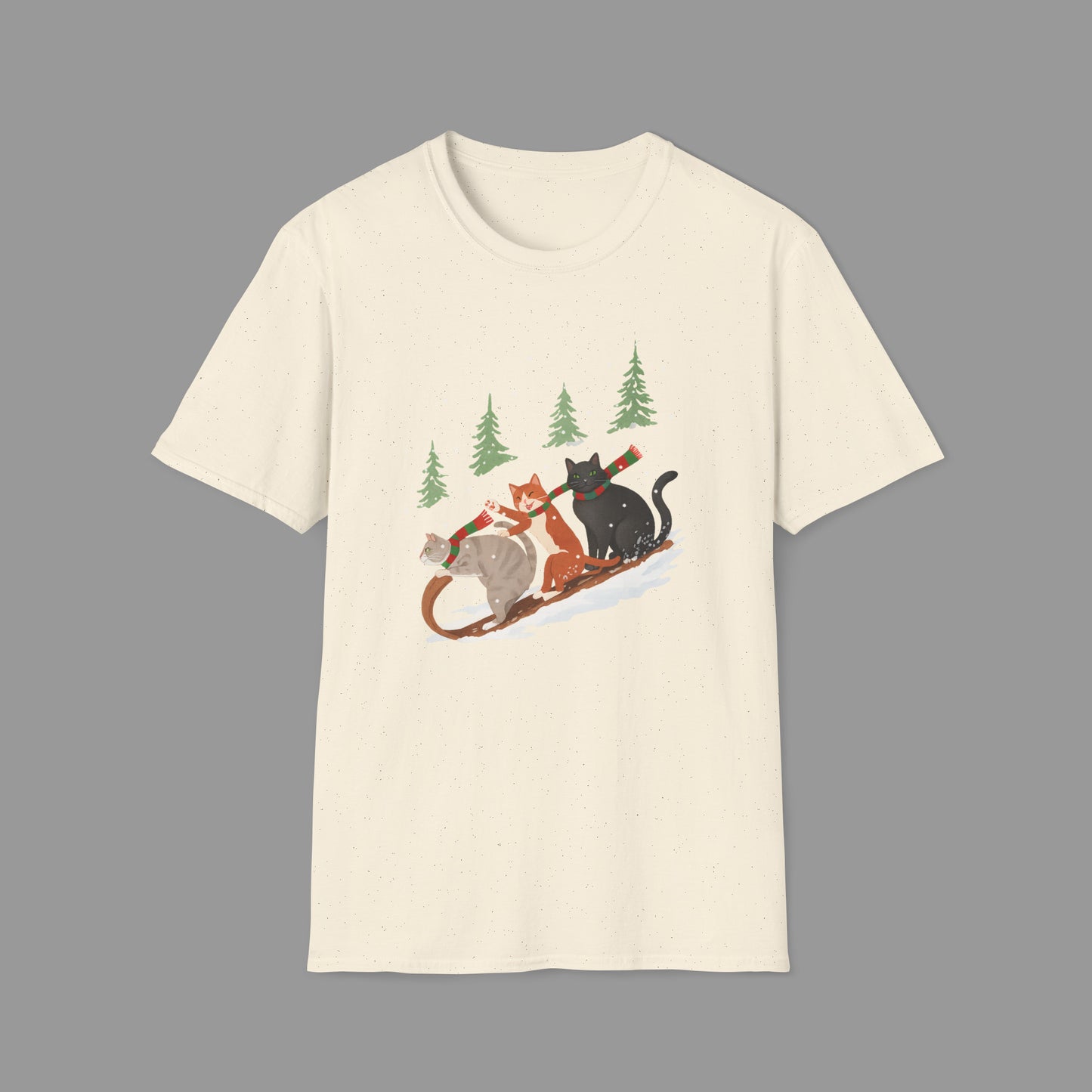 ZALOPA – Winter Cats Christmas T Shirt with Cozy Snowy Forest Scene Playful Sledding Cat Lover Graphic Tee for Holiday Season.