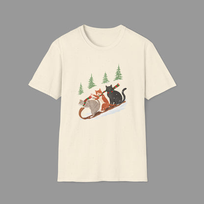 ZALOPA – Winter Cats Christmas T Shirt with Cozy Snowy Forest Scene Playful Sledding Cat Lover Graphic Tee for Holiday Season.