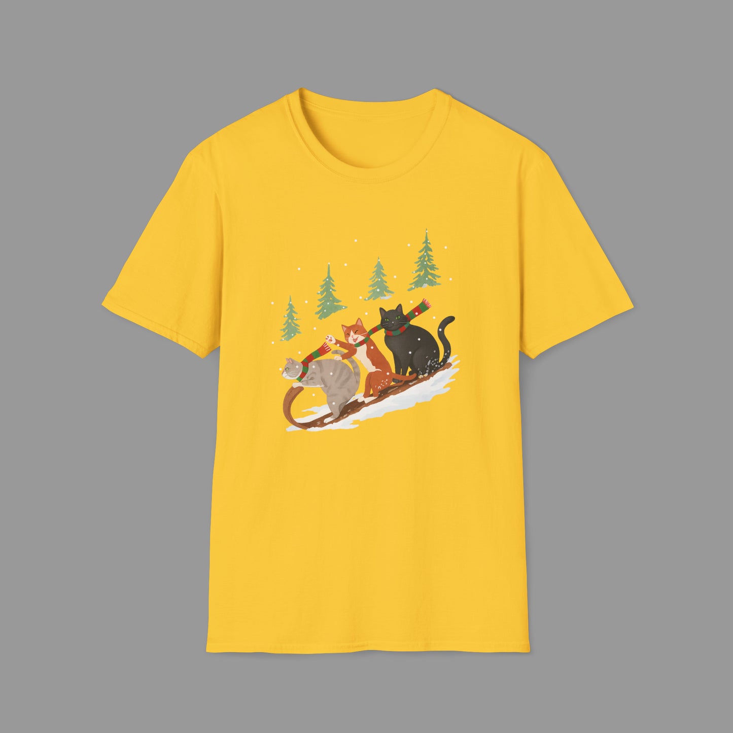 ZALOPA – Winter Cats Christmas T Shirt with Cozy Snowy Forest Scene Playful Sledding Cat Lover Graphic Tee for Holiday Season.