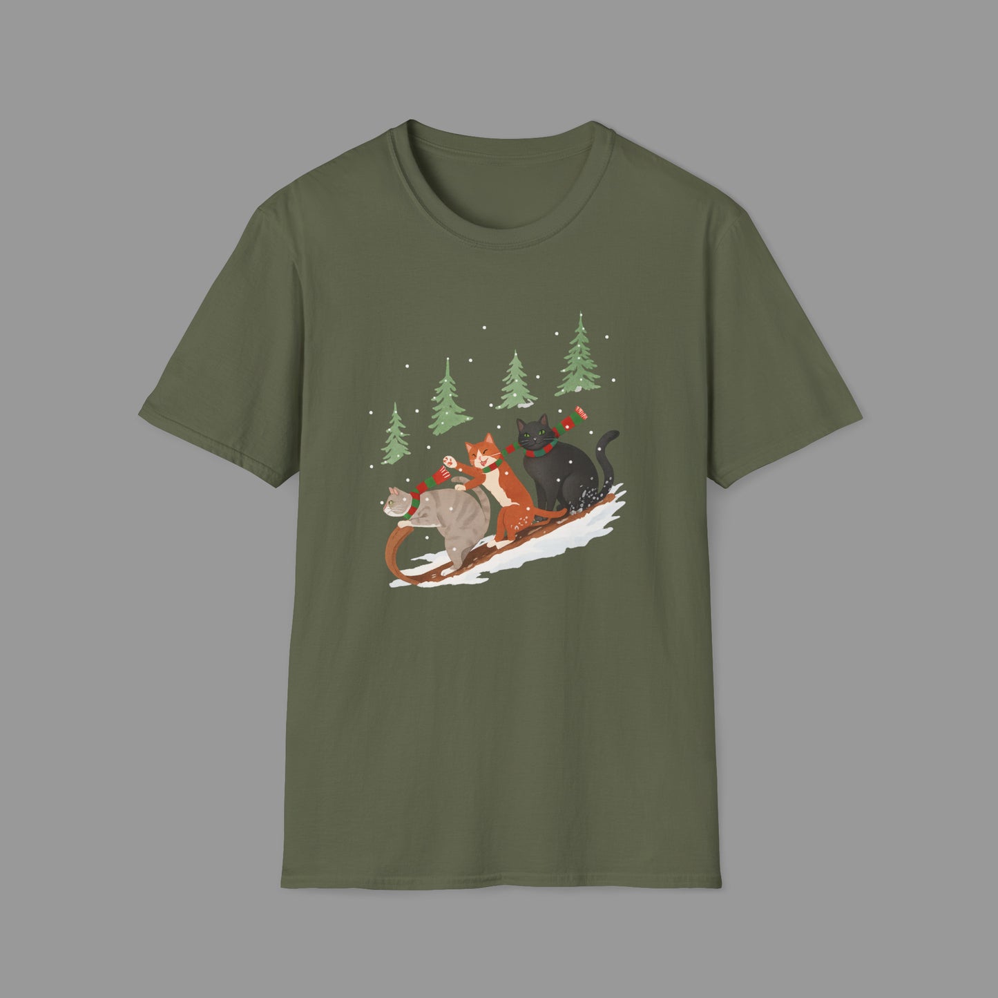ZALOPA – Winter Cats Christmas T Shirt with Cozy Snowy Forest Scene Playful Sledding Cat Lover Graphic Tee for Holiday Season.