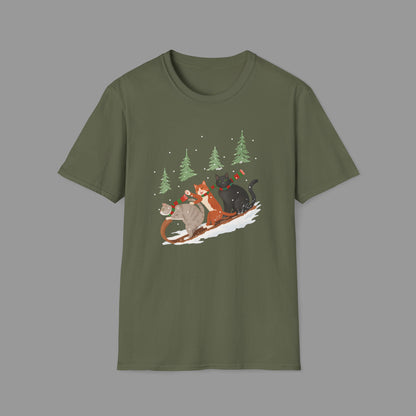 ZALOPA – Winter Cats Christmas T Shirt with Cozy Snowy Forest Scene Playful Sledding Cat Lover Graphic Tee for Holiday Season.