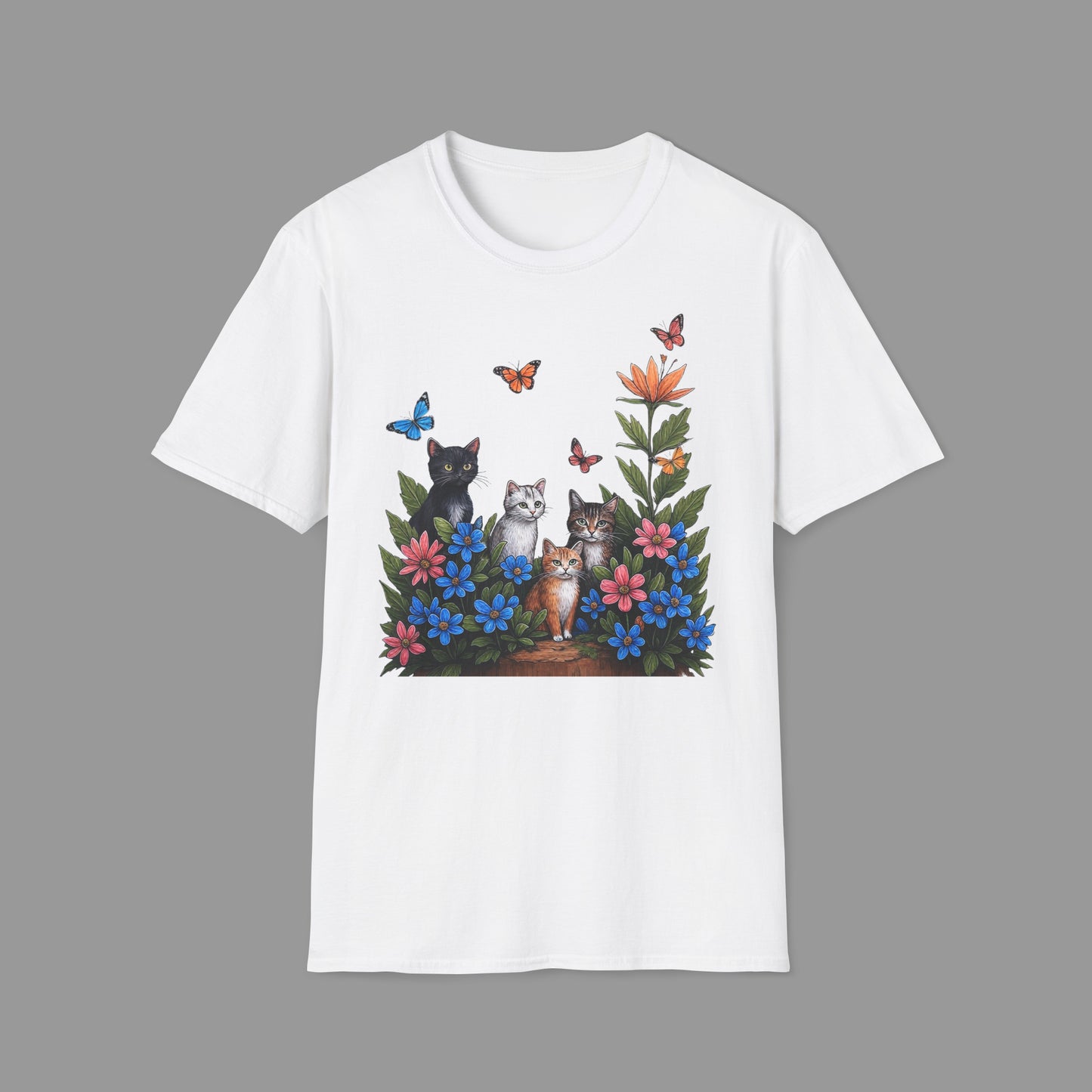 ZALOPA - Cute Cats T Shirt with Colorful Flowers and Butterflies Nature Inspired Graphic Tee for Cat Lovers.