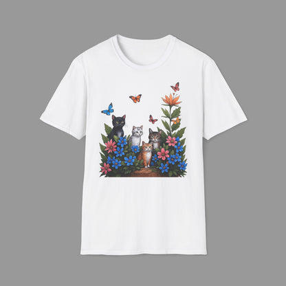 ZALOPA - Cute Cats T Shirt with Colorful Flowers and Butterflies Nature Inspired Graphic Tee for Cat Lovers.