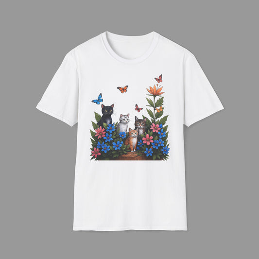 ZALOPA - Cute Cats T Shirt with Colorful Flowers and Butterflies Nature Inspired Graphic Tee for Cat Lovers.